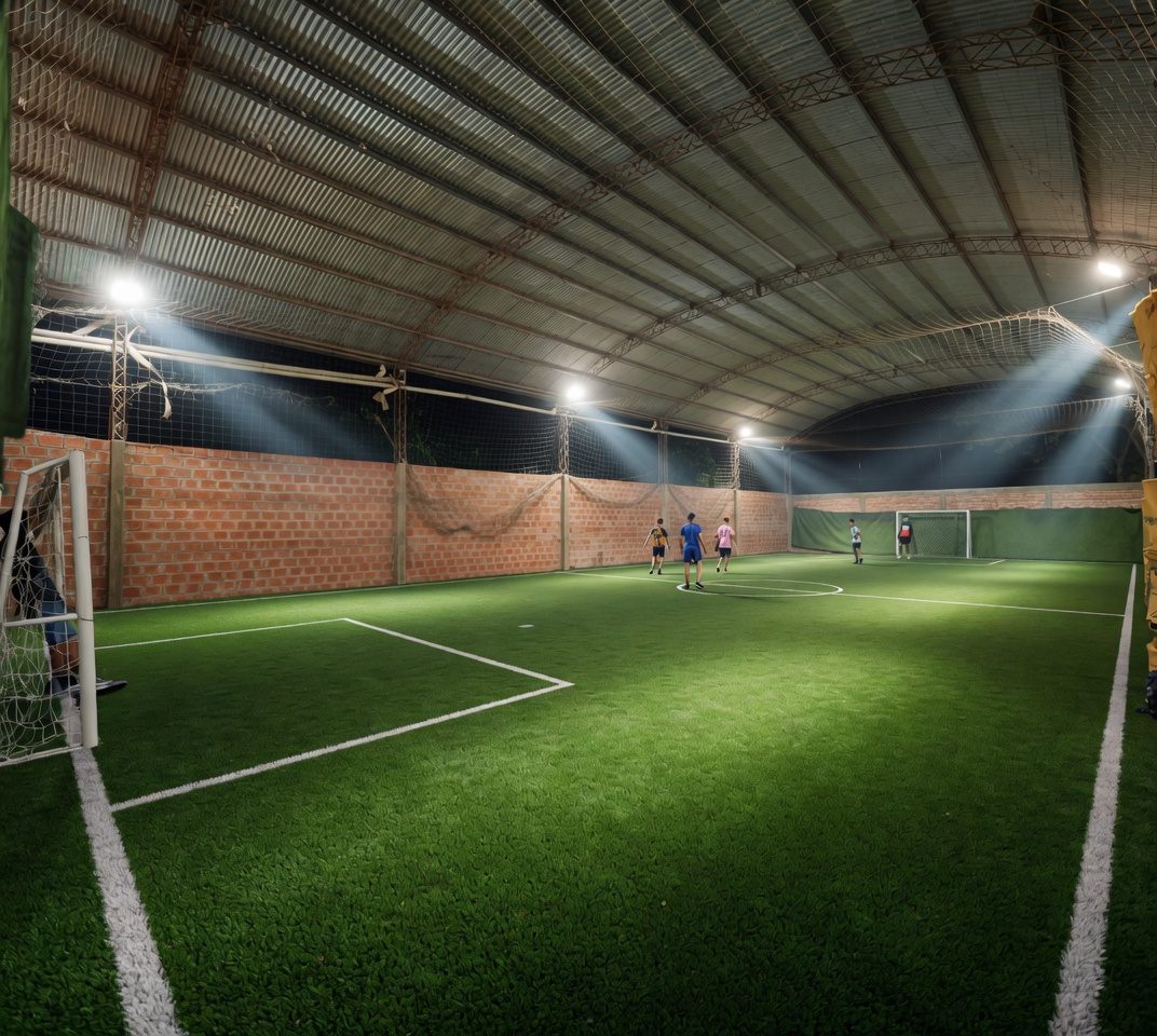 La cancha techada de noche, con las luces prendidas